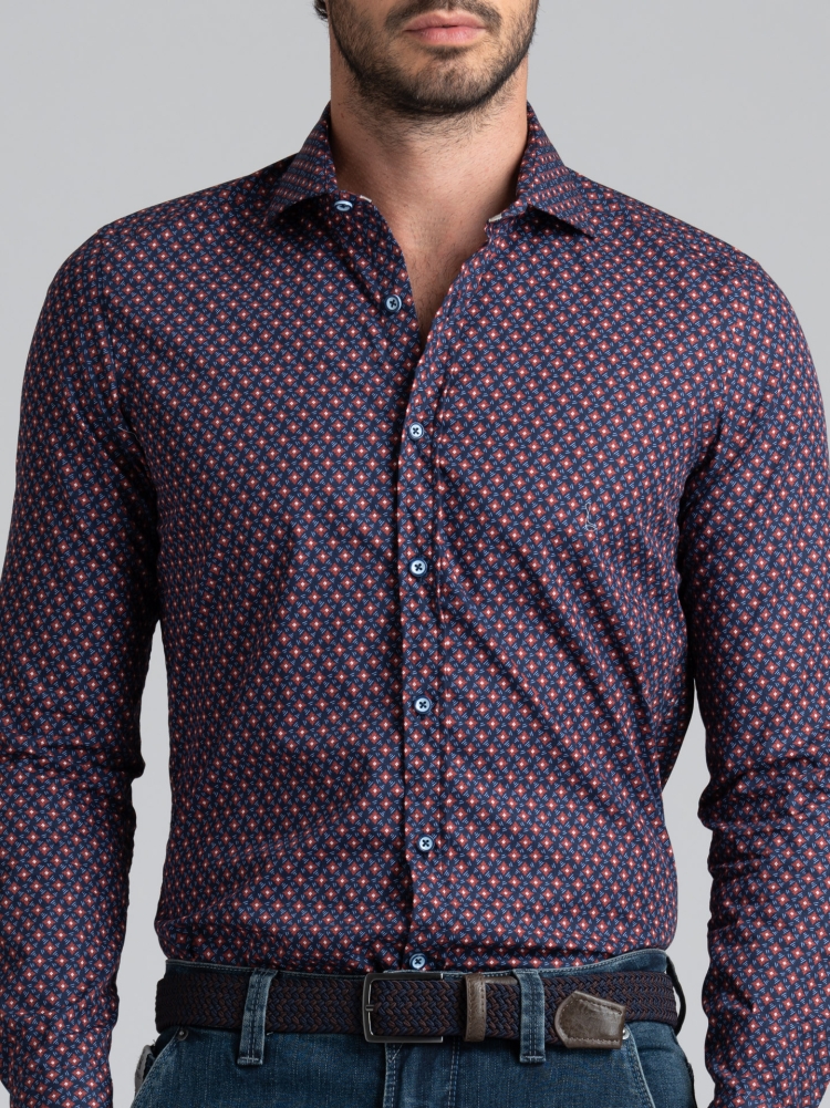 Camicia uomo regular stampa fantasia geometrica blu e mattone