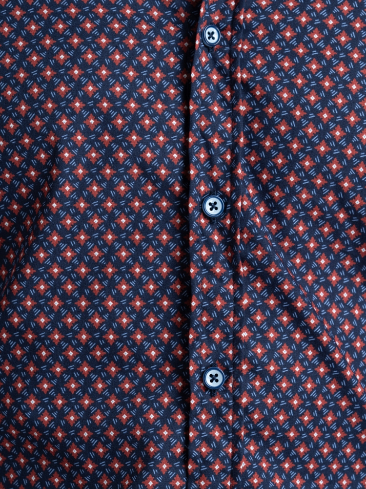 Camicia uomo regular stampa fantasia geometrica blu e mattone