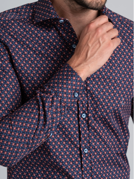 Camisa regular de hombre con estampado geométrico azul y ladrillo