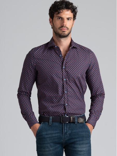 Camicia uomo regular stampa fantasia geometrica blu e mattone