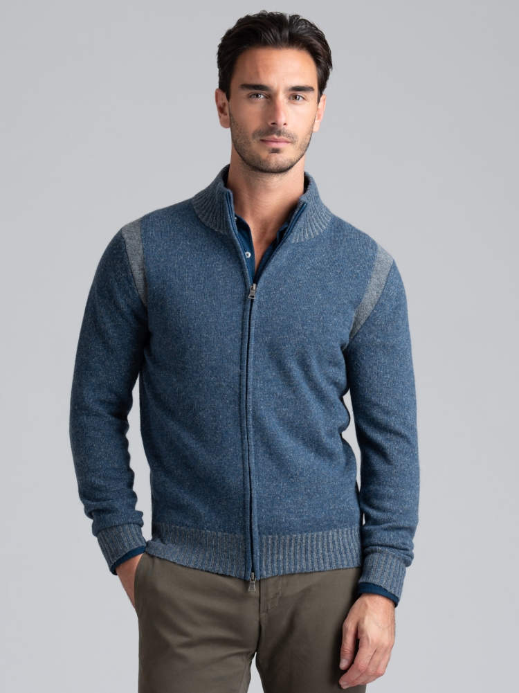 Maglia uomo full zip effetto melange con intarsio vanisè