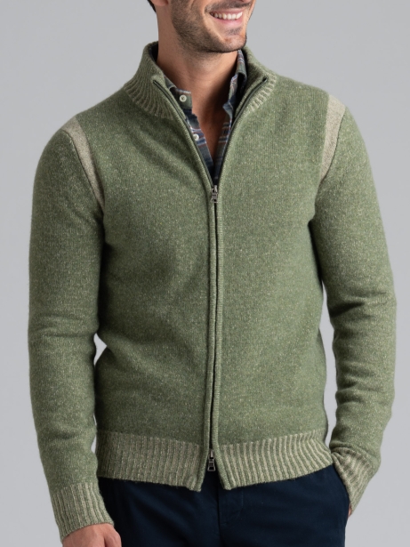 Jersey de hombre con cremallera entera y efecto melange con incrustaciones de vanisè
