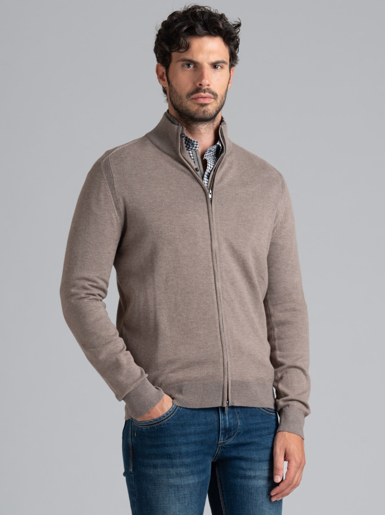 Maglia uomo full zip effetto doppio collo