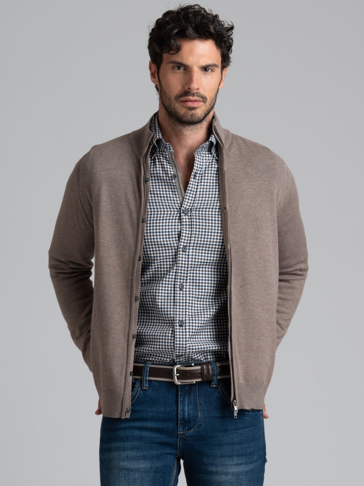 Maglia uomo full zip effetto doppio collo