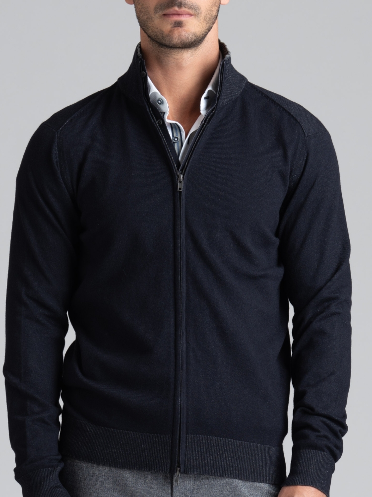 Maglia uomo full zip effetto doppio collo