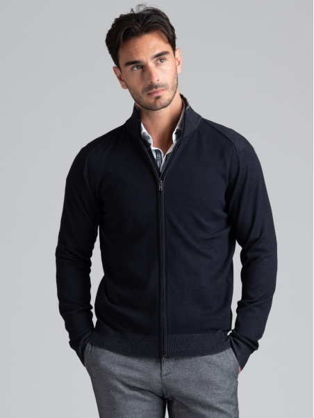 Maglia uomo full zip effetto doppio collo