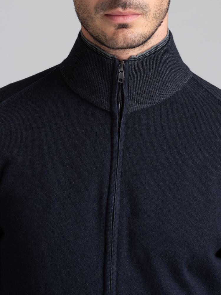 Maglia uomo full zip effetto doppio collo