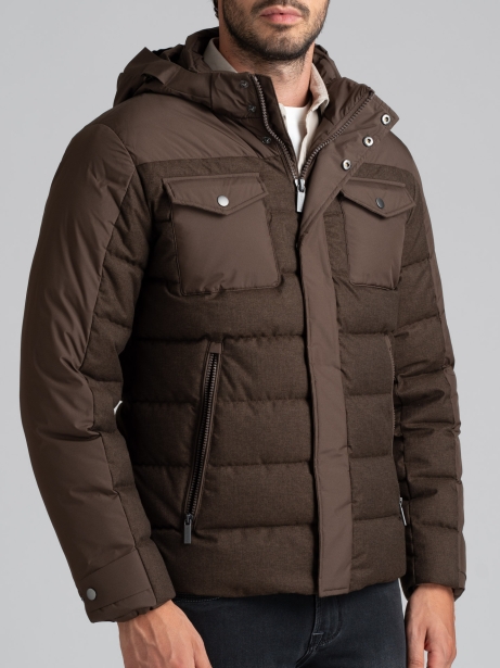 Chaqueta de plumón para hombre en franela e inserciones de tejido micro ripstop