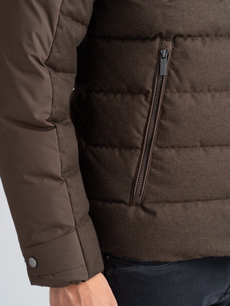 Chaqueta de plumón para hombre en franela e inserciones de tejido micro ripstop