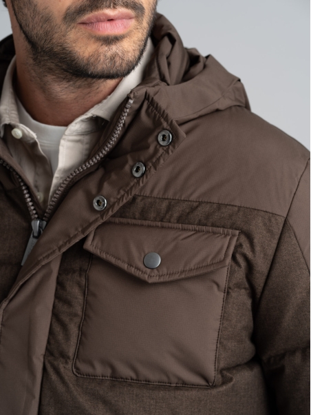 Chaqueta de plumón para hombre en franela e inserciones de tejido micro ripstop