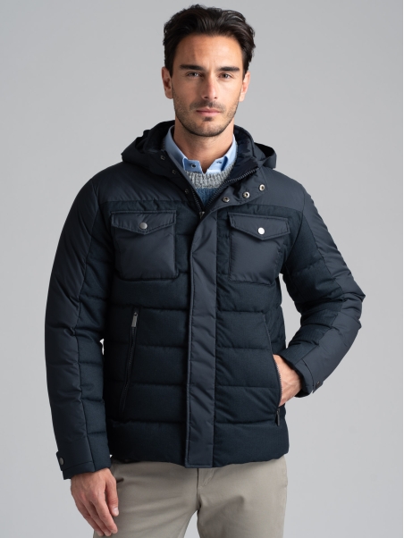 Chaqueta de plumón para hombre en franela e inserciones de tejido micro ripstop