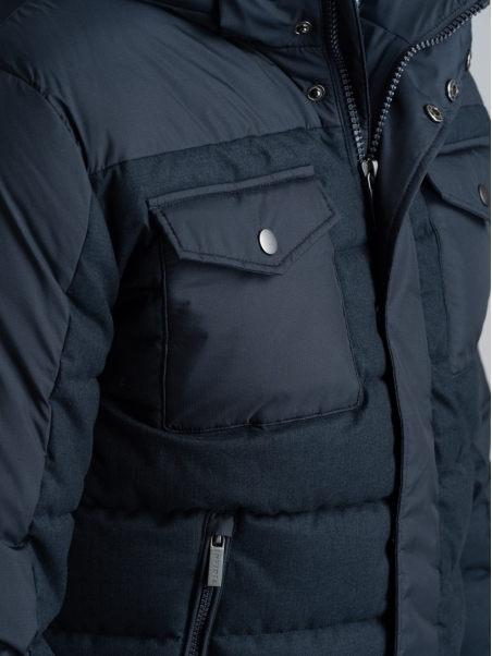 Chaqueta de plumón para hombre en franela e inserciones de tejido micro ripstop