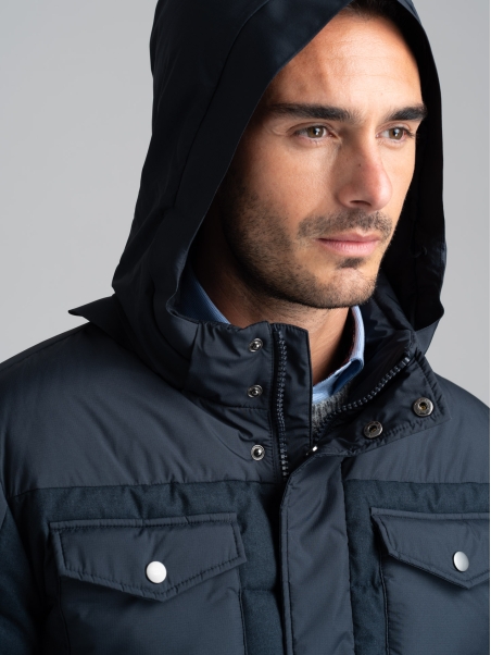 Chaqueta de plumón para hombre en franela e inserciones de tejido micro ripstop