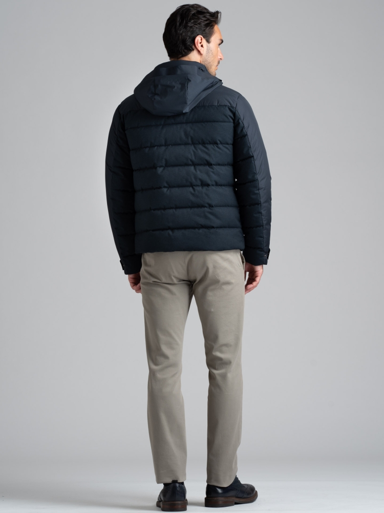 Chaqueta de plumón para hombre en franela e inserciones de tejido micro ripstop
