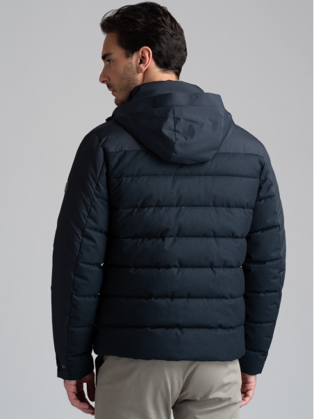 Chaqueta de plumón para hombre en franela e inserciones de tejido micro ripstop
