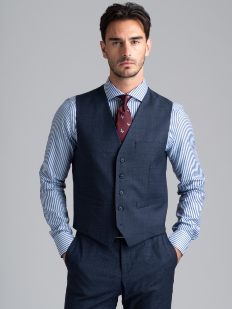 Gilet uomo blu con fantasia Madras e retro in satin