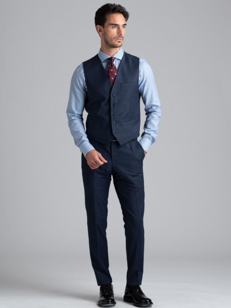 Gilet uomo blu con fantasia Madras e retro in satin