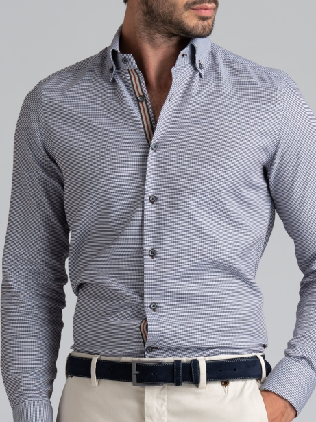 Camisa de pata de gallo para hombre marrón oscuro y azul 2