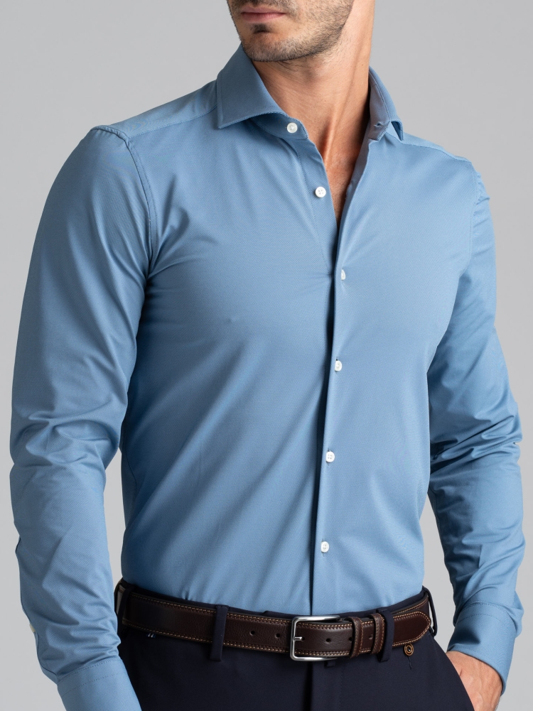 Camicia uomo TECNO blu tessuto diagonale con collo semi francese