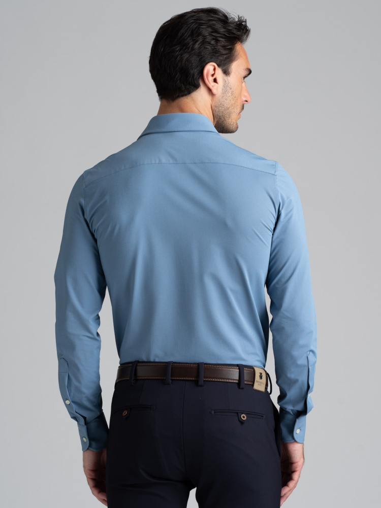 Camicia uomo TECNO blu tessuto diagonale con collo semi francese