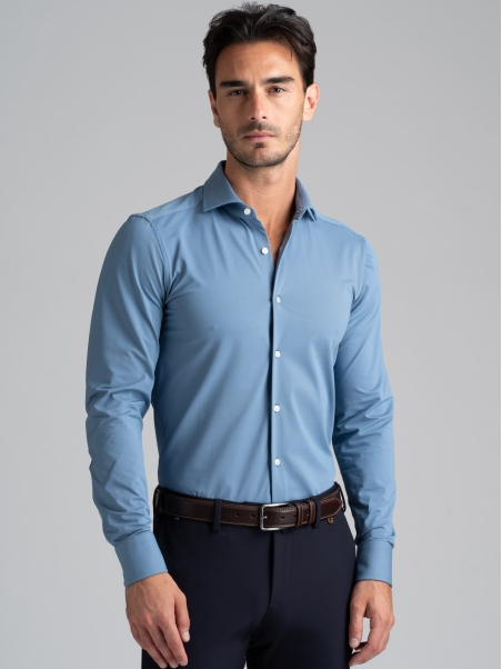 Camicia uomo TECNO blu tessuto diagonale con collo semi francese