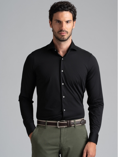 Camicia uomo TECNO nera effetto satin con collo semi francese