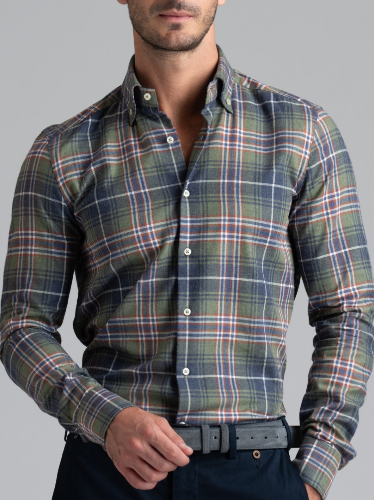 Camicia uomo di flanella fantasia madras e collo button down