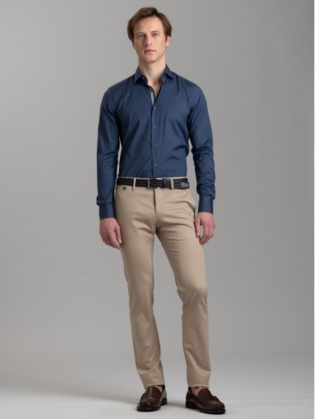 Camicia uomo blu in popeline con collo semi francese