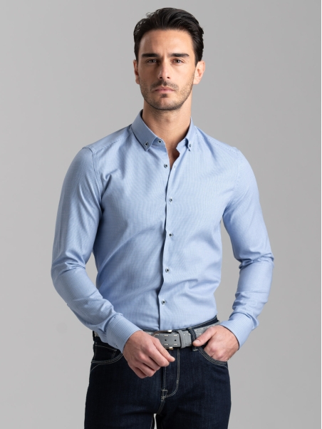 Camicia uomo micro armatura azzurra con collo button down