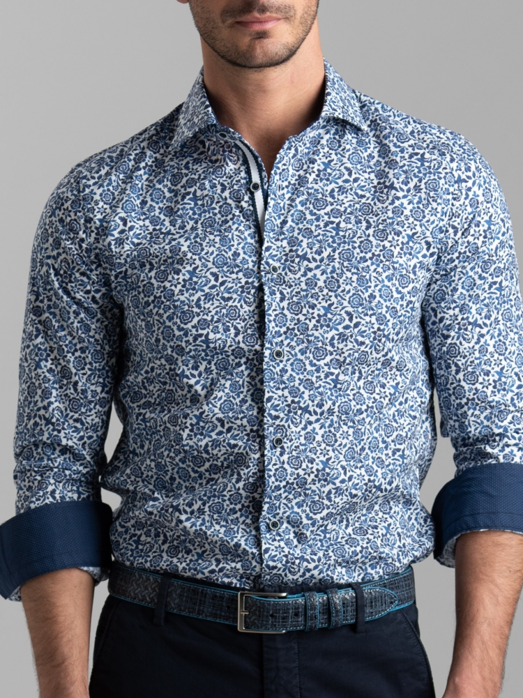 Camicia uomo fantasia floreale e collo semi francese