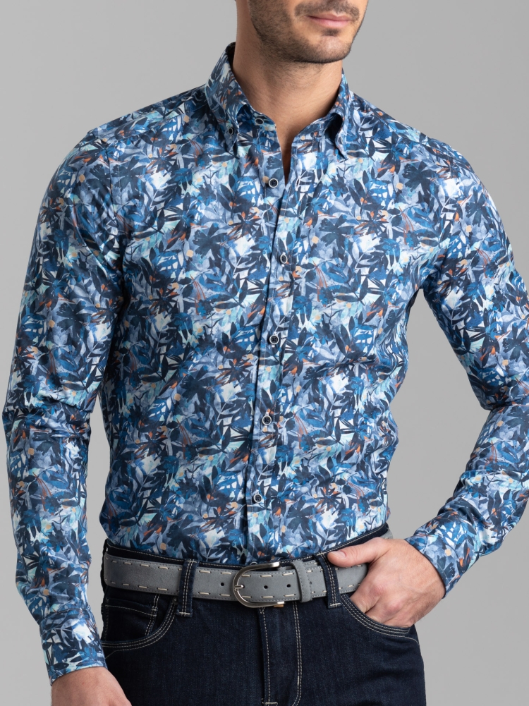 Camicia uomo popeline fogliame blu con collo button down