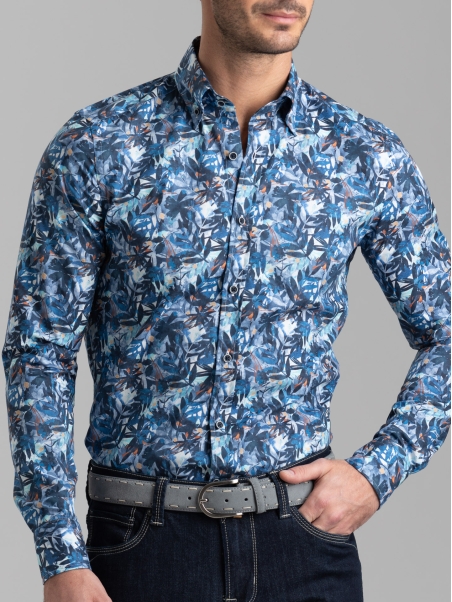 Camisa de popelina azul para hombre con cuello abotonado