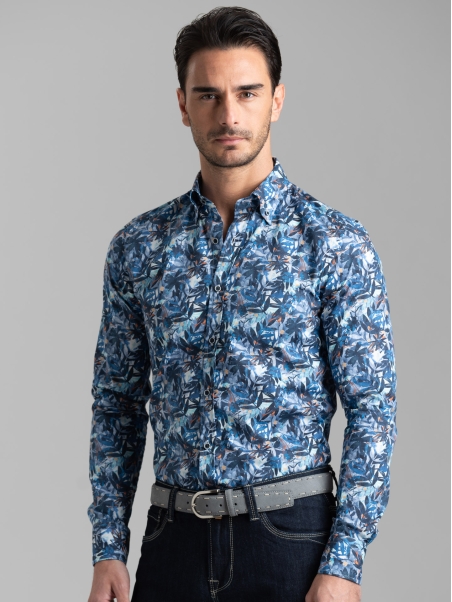 Camicia uomo popeline fogliame blu con collo button down