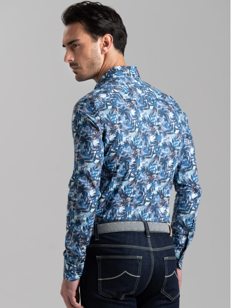 Camicia uomo popeline fogliame blu con collo button down