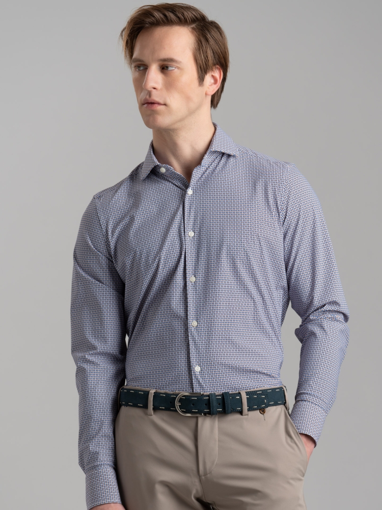 Camisa de hombre TECNO micro geometry azul, marfil y blanco