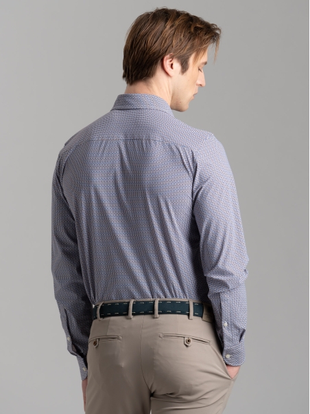 Camisa de hombre TECNO micro geometry azul, marfil y blanco