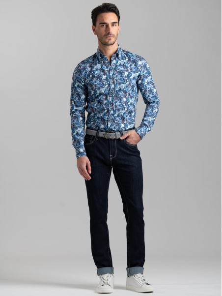 Vaqueros de hombre de 5 bolsillos azul oscuro con costuras de contraste