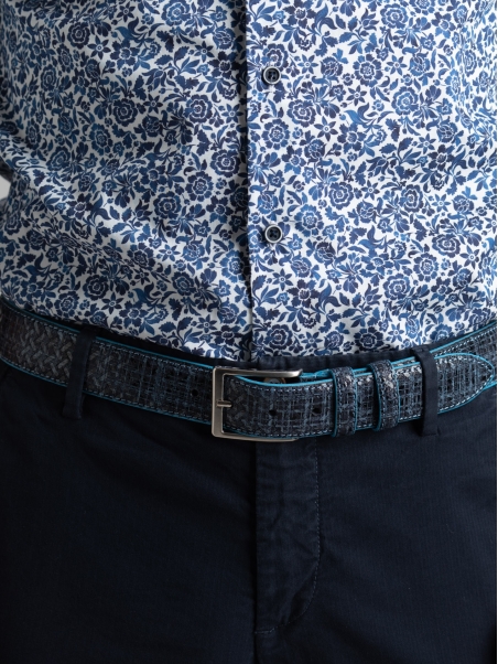 Cinturón azul de caballero de cuero auténtico con estampado semibrillante