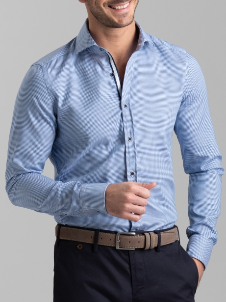 Camicia uomo azzurra pied de poule con collo semi francese 2