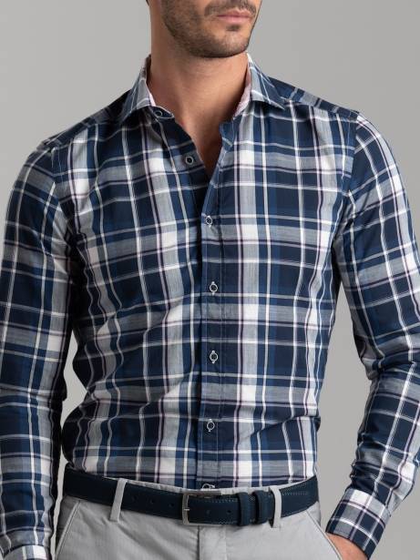 Camicia uomo madras misto lino con collo semi francese