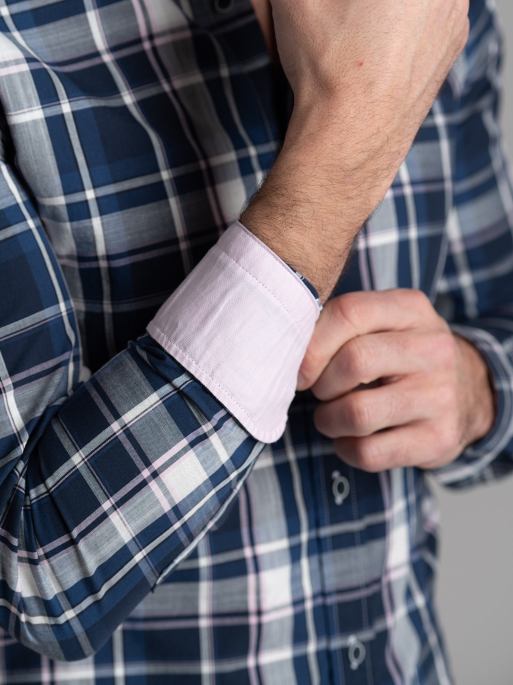 Camicia uomo madras misto lino con collo semi francese