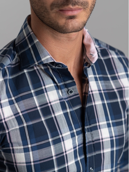 Camisa madrás en mezcla de lino con cuello semifrancés