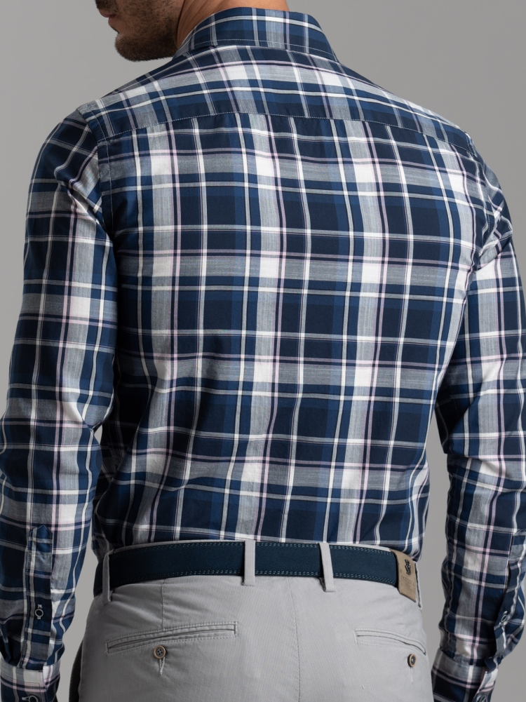 Camisa madrás en mezcla de lino con cuello semifrancés