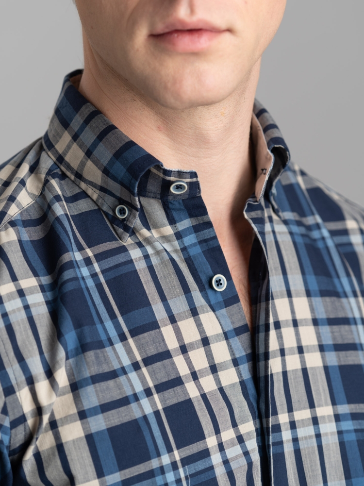 Camicia uomo madras misto lino con toppe collo button down