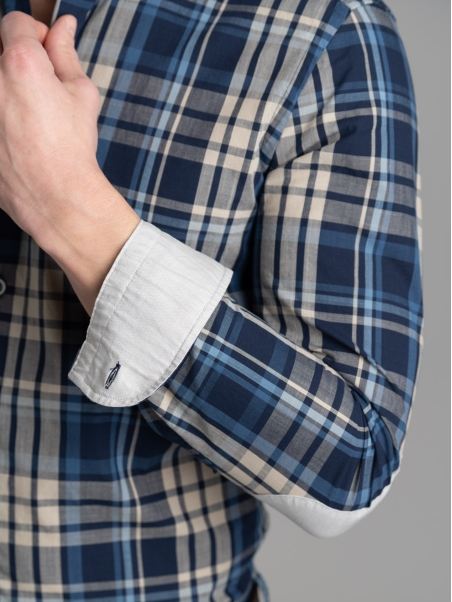 Camicia uomo madras misto lino con toppe collo button down