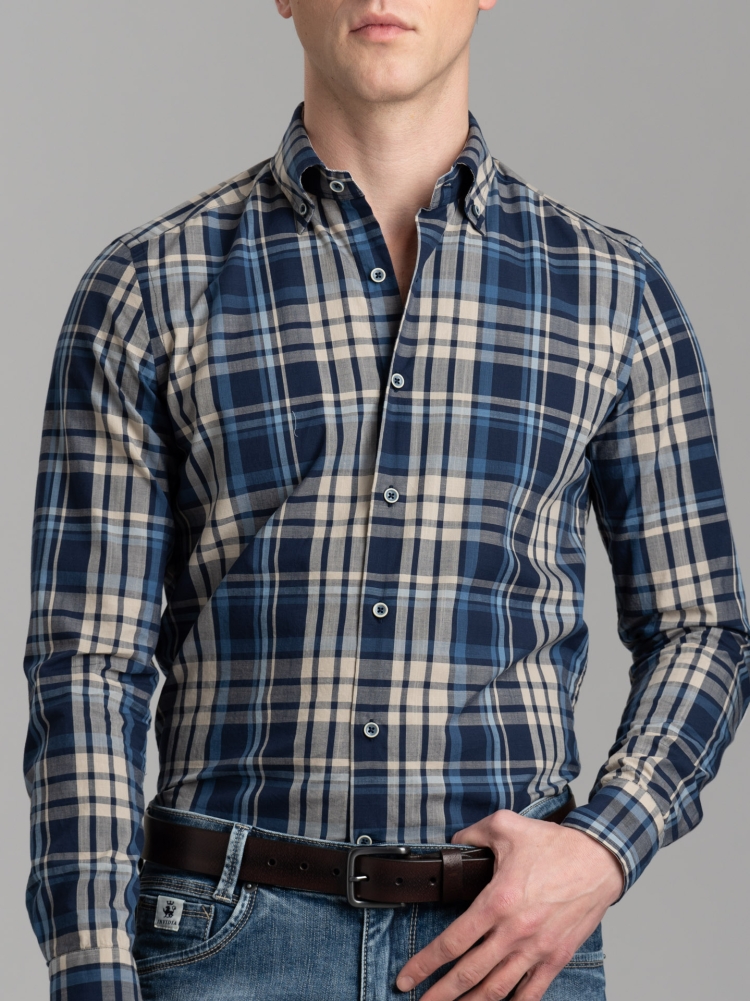 Camicia uomo madras misto lino con toppe collo button down