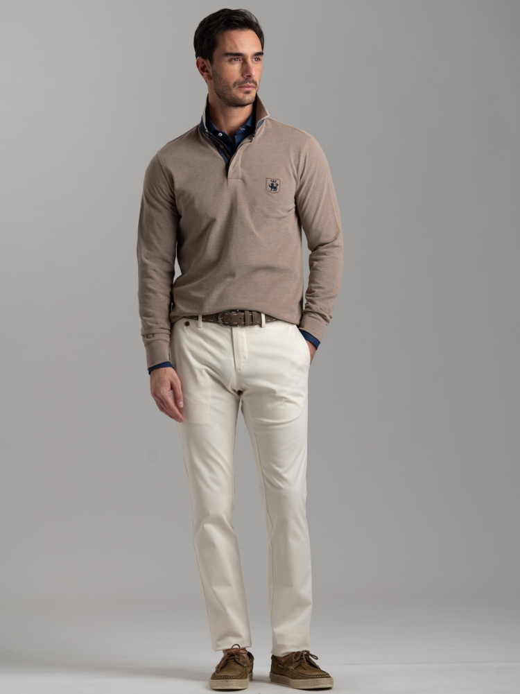 Polo de manga larga para hombre con cuello a rayas
