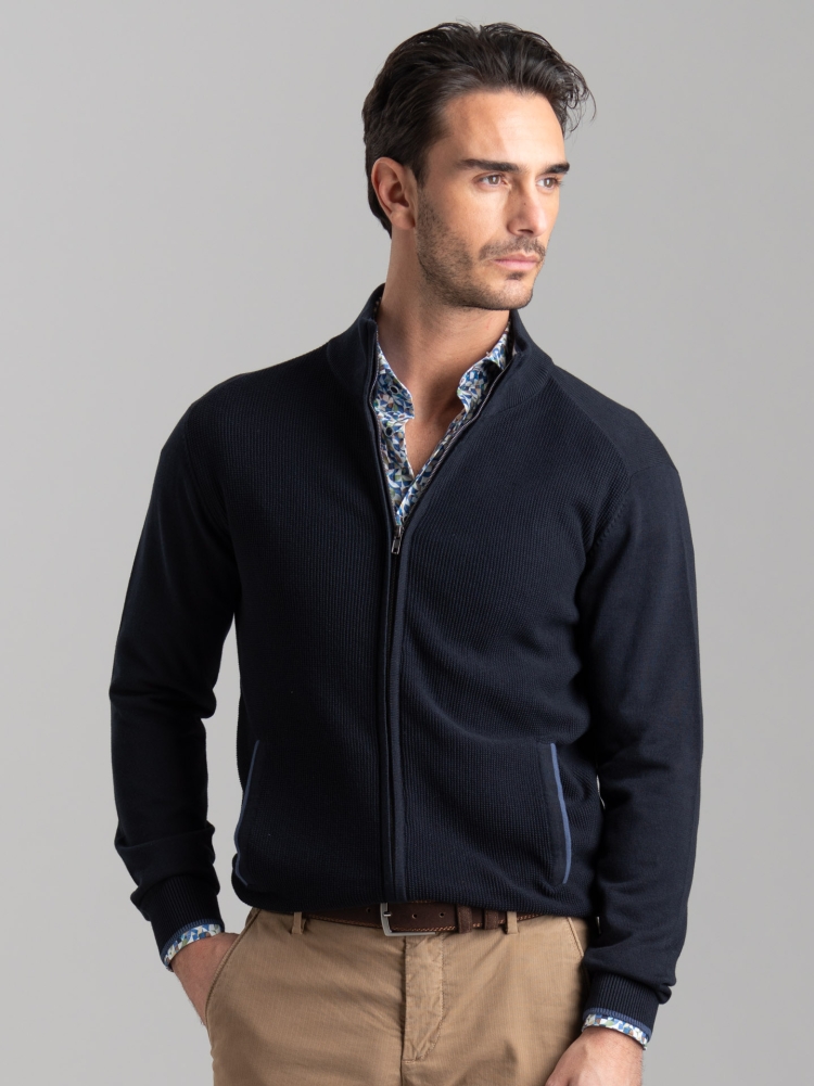 Maglia uomo full zip con lavorazione chicco di riso e tasche