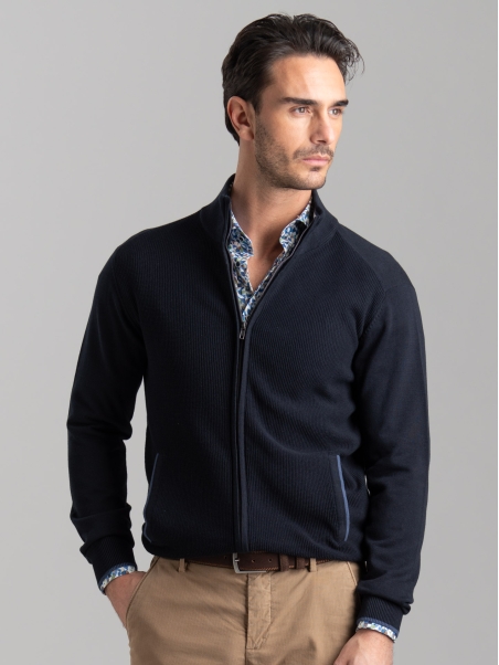 Maglia uomo full zip con lavorazione chicco di riso e tasche