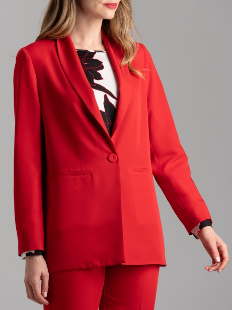 Chaqueta roja deconstruida de mujer con cuello chal
